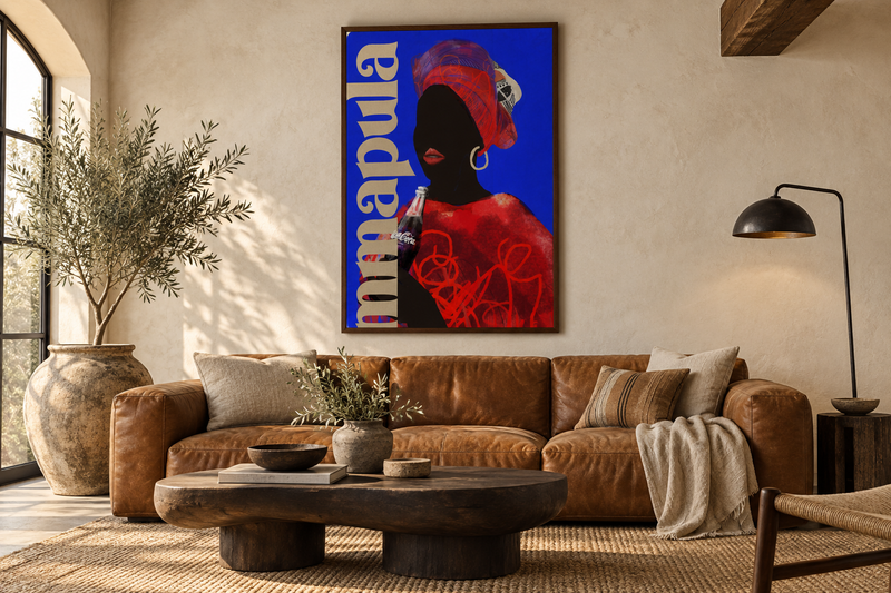 Monyuri's portrait Mmapula framed above a leather sofa in a warm living room
