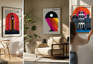 London 59, Stockholm 67 and Amsterdam 69 by Bo Lundberg framed in three different rooms