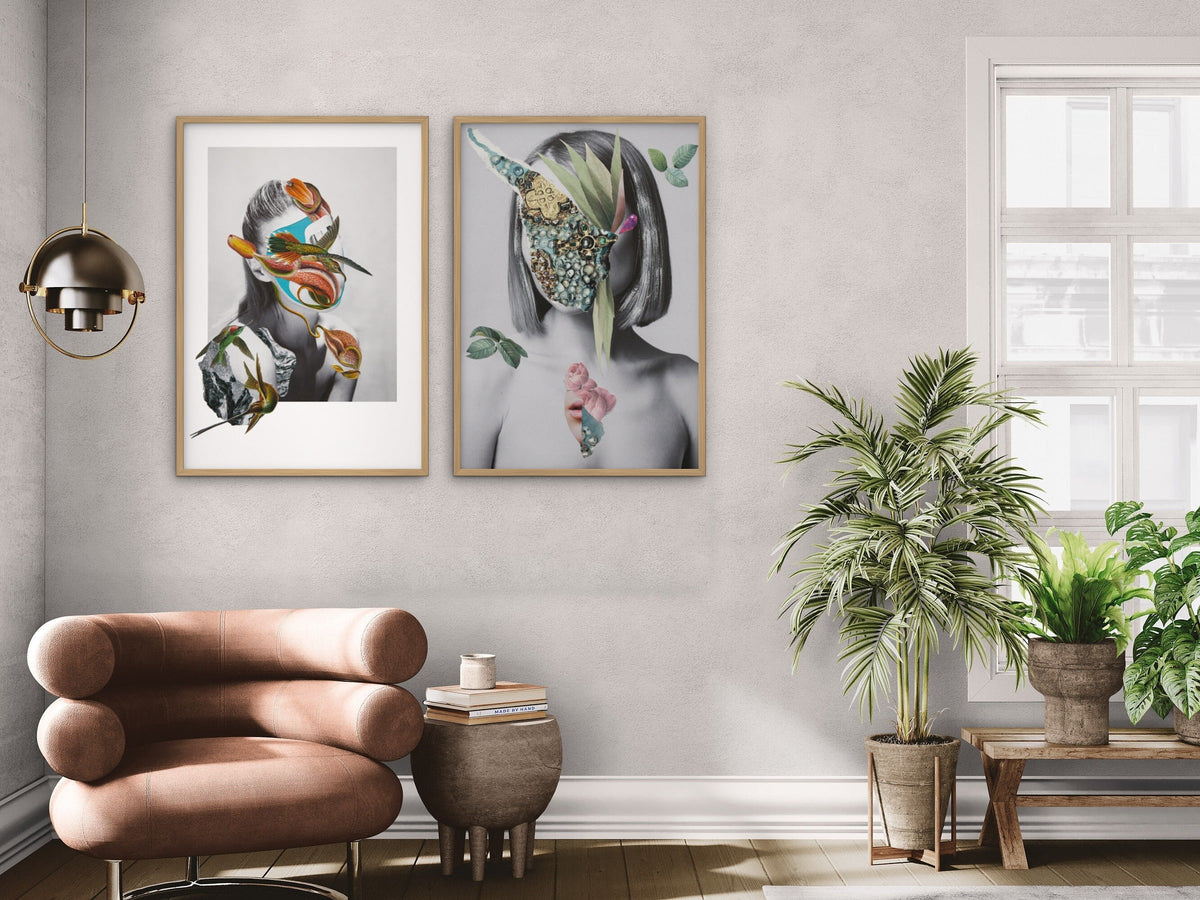 Two collage prints by Rocio Montoya in oak frames above a chair in a bright living room
