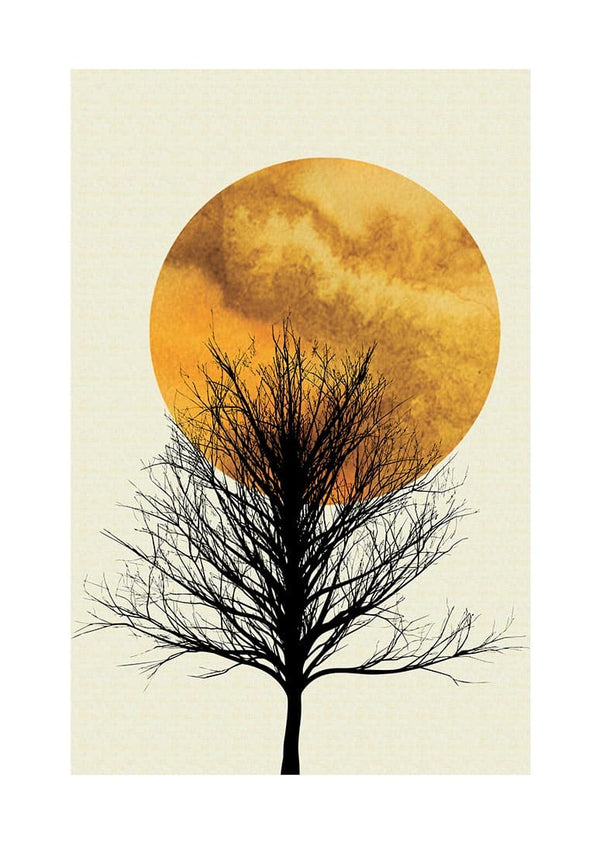 Minimalist poster of a solitary tree silhouette against a large, golden sunrise in the background.