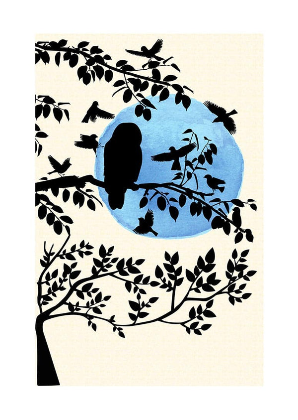 Silhouette of birds on tree branches against a blue moon, featured in the Wintermorning and birds poster.