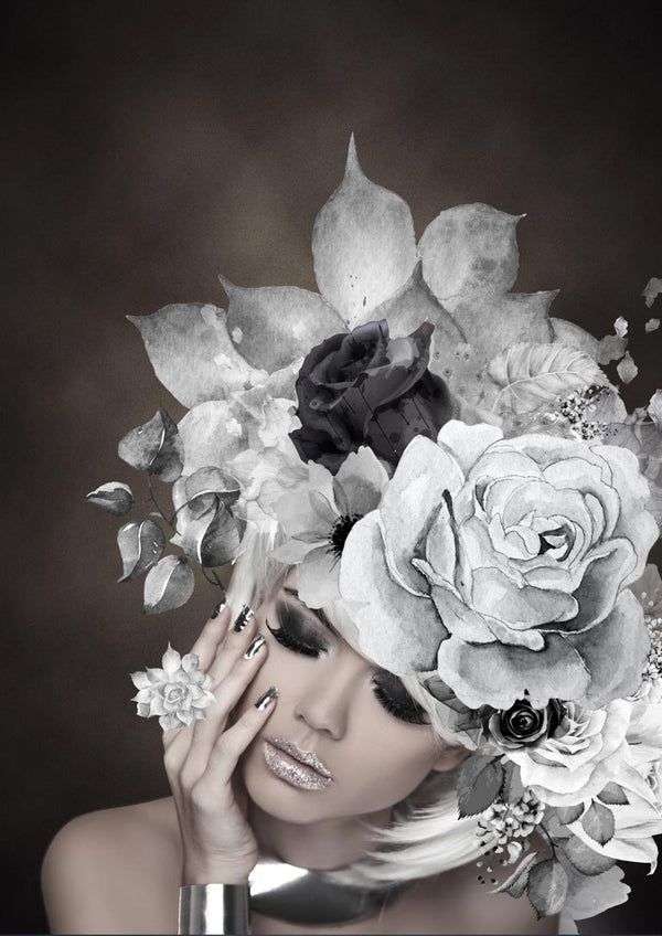 A woman with dramatic makeup wearing a large silver flower headdress, as featured on the Silver flowers 1 poster.