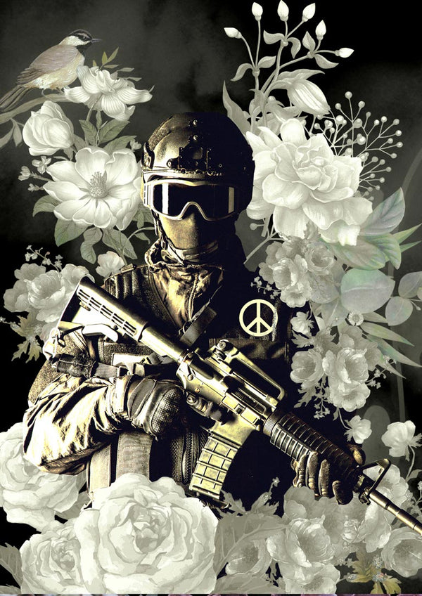 A soldier with a peace symbol patch holds a rifle, surrounded by white flowers on the Soldier of Peace poster.
