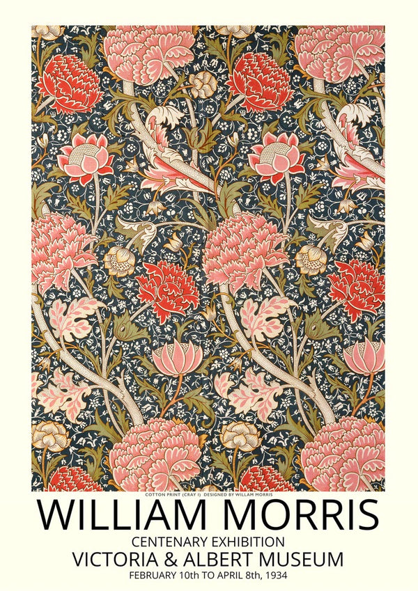 William Morris cotton print poster with floral and bird design, museum exhibition text at bottom.
