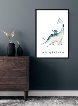Children’s dinosaur poster featuring a friendly Diplodocus illustration, displayed in a modern kid’s room.