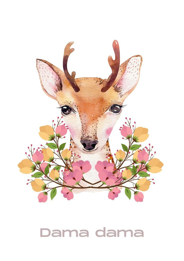 Illustration of a young deer with antlers surrounded by pink and yellow flowers, captioned "Dama dama".