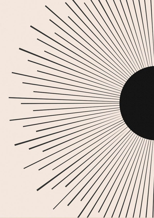 Minimalist black sunrise art poster with radiating lines, perfect for modern living room decor.
