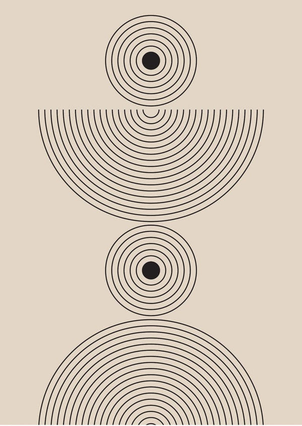 Minimalist poster with concentric circles forming semicircles and full circles on a beige background.