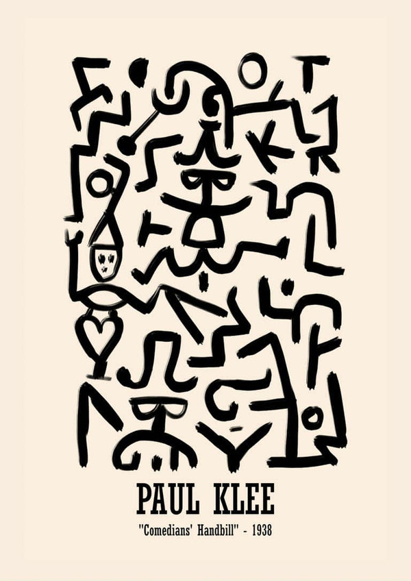 Abstract black line art on beige background from Paul Klee’s “Comedians’ Handbill” 1938, modern poster for living room.