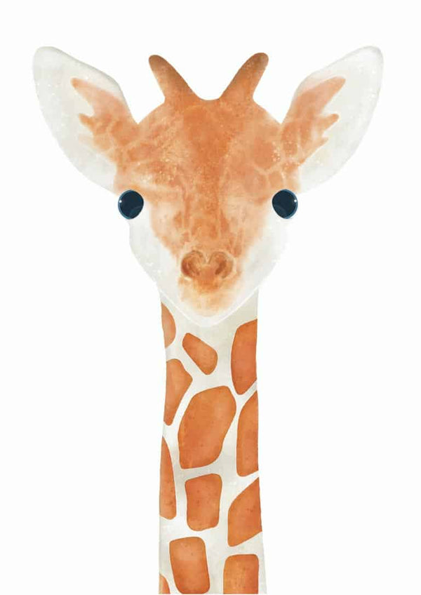 Cute illustrated giraffe with big blue eyes on a white background, perfect for a children’s room poster.