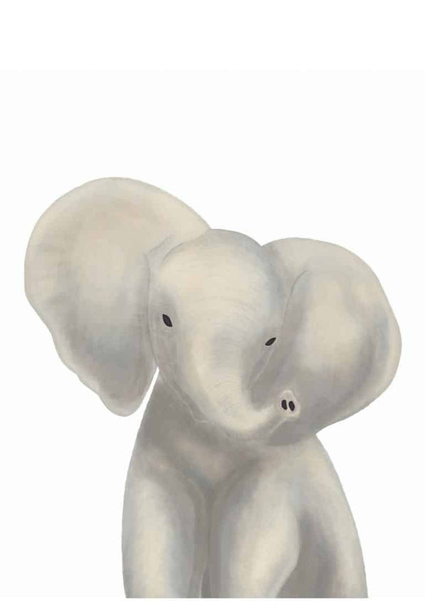 Cute, minimalist illustration of a gray baby elephant on a white background.