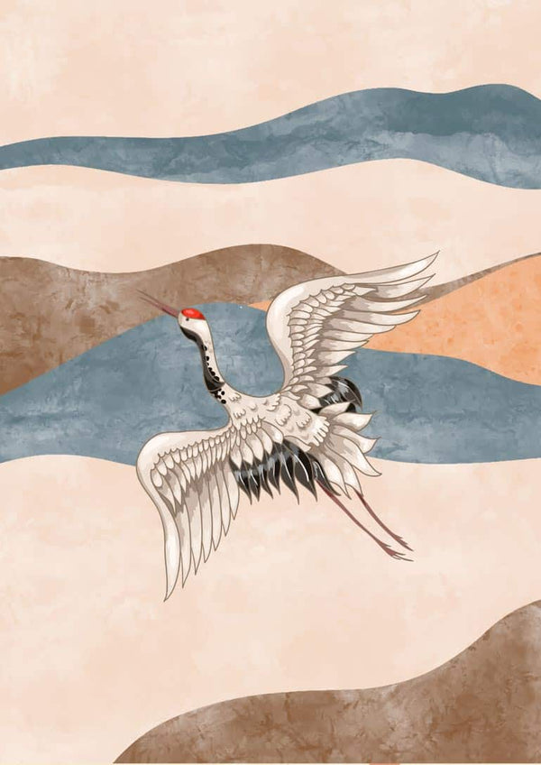 Japanese crane flying over abstract pastel waves, featured on a stylish art print poster.