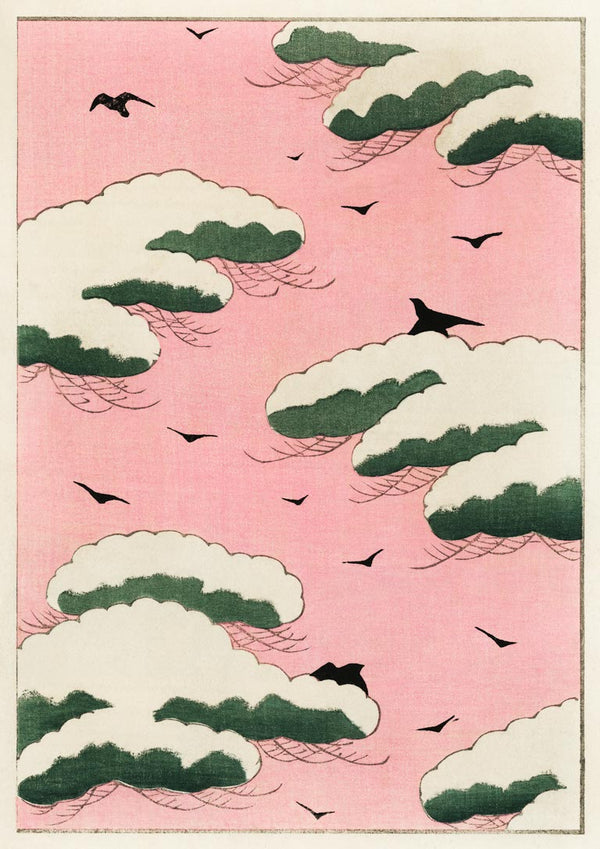 Japanese art print of green-edged clouds and birds against a pink sky from "Pink sky" by Watanabe Seitei.