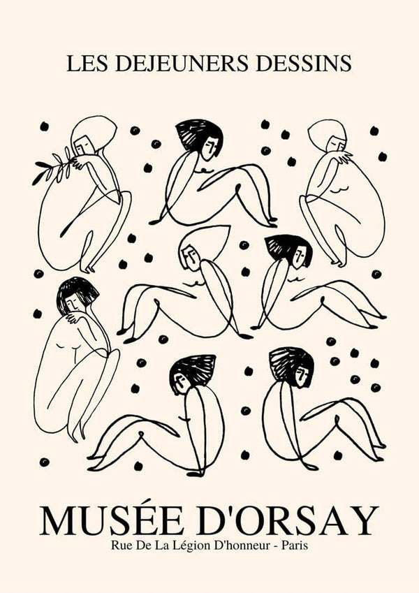Picasso-inspired line art poster of abstract nude women, black on beige, with "Musée d'Orsay" text.