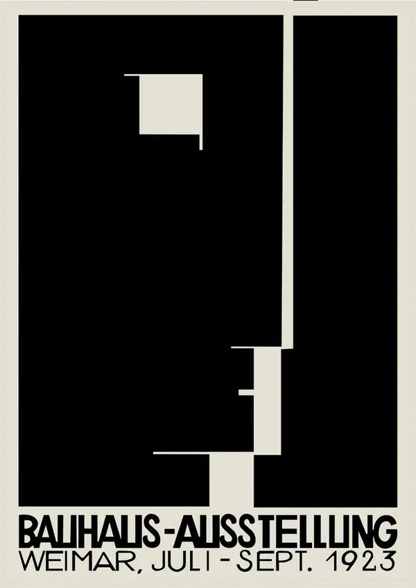 Bauhaus Weimar 1923 poster with geometric black shapes and bold text promoting the Bauhaus exhibition.