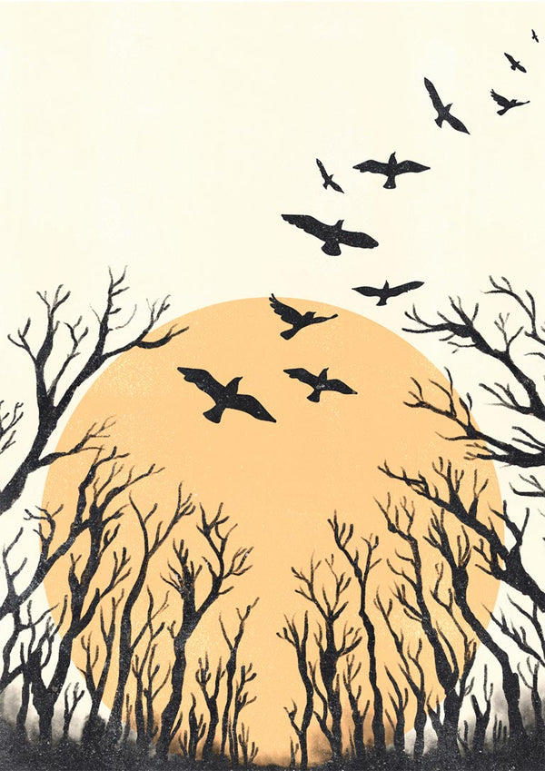 Silhouetted birds flying above leafless trees with a large orange sun in the background.