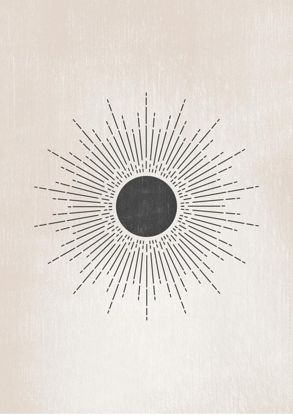 Minimalist Black Sun Plakat with a dark circle and radiating linear rays on a light textured background.