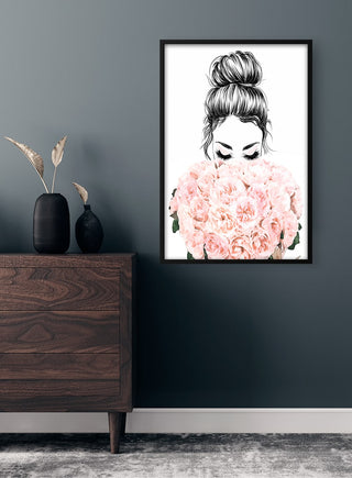 Woman And Flowers Plakat featuring a sketch of a woman with her hair up, holding a large bouquet of pink flowers.