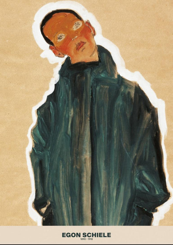 Egon Schiele Plakat featuring an abstract portrait of a person in a dark coat against a beige background.