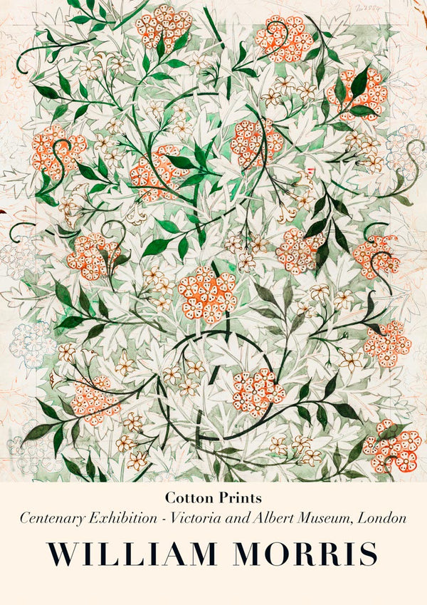 William Morris Jasmin Plakat featuring intricate floral patterns in green, orange, and white on a vintage background.