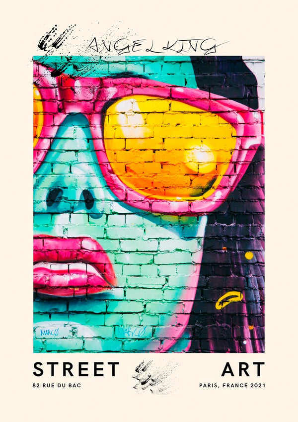 Colorful graffiti of a woman's face with sunglasses on a brick wall, featured on the Street Artsy Unique Plakat.