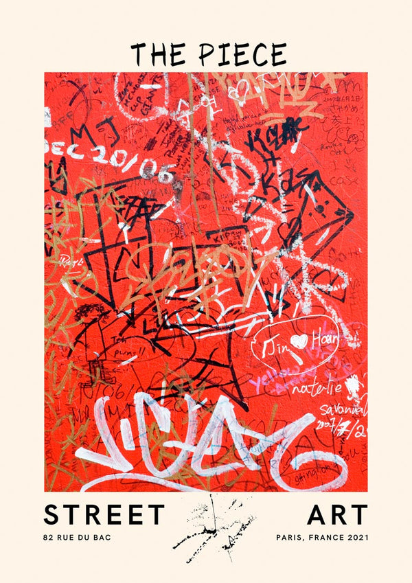 Red graffiti artwork with overlapping black scribbles and tags, titled "The Piece no. 2" street art print.