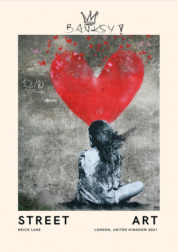 Poster inspired by Banksy featuring a girl with a red heart-shaped graffiti and butterflies on a grey wall.