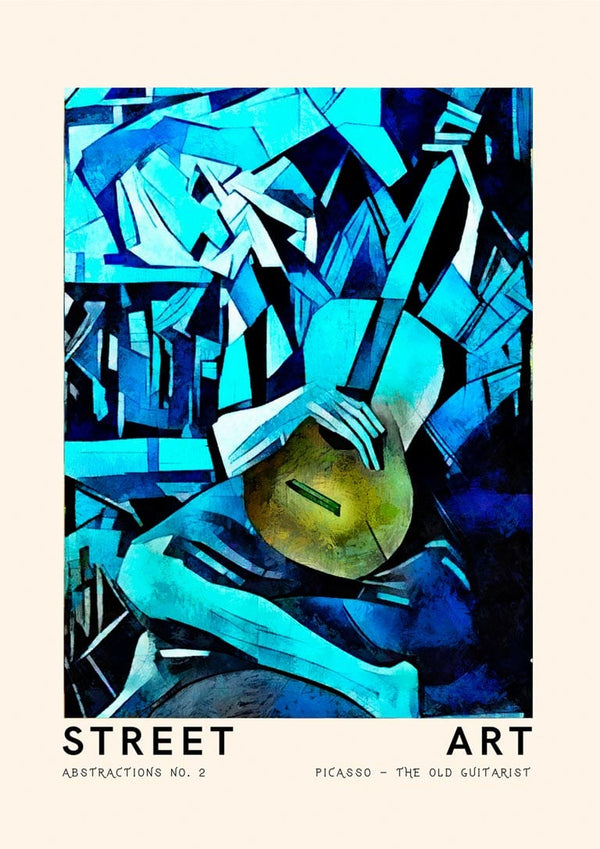 Abstract blue-toned street art poster inspired by Picasso’s The Old Guitarist, featuring geometric shapes and a guitar.