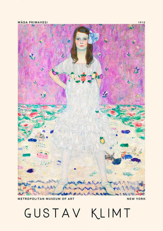 Poster of Gustav Klimt’s "Mäda Primavesi" featuring a girl in a white dress against a colorful, floral background.