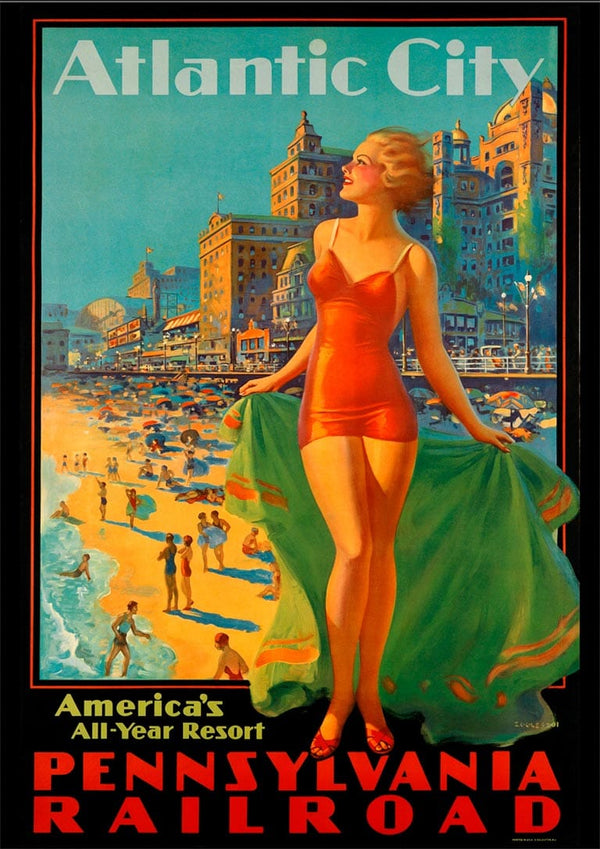 Vintage Atlantic City poster with a woman in a swimsuit, busy beach scene, and Pennsylvania Railroad promotion.