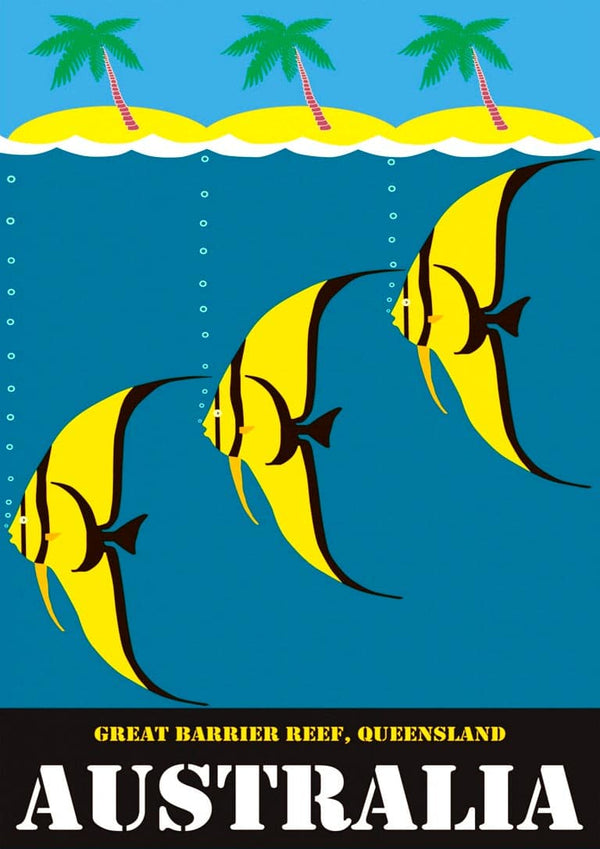 Vintage poster of the Great Barrier Reef with three yellow fish and tropical island, labeled "Australia."