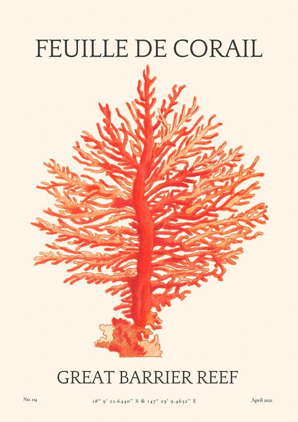 Art print of an orange coral branch labeled "Feuille De Corail No. 04 Plakat, Great Barrier Reef."