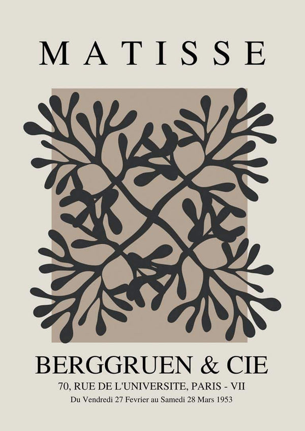 Abstract coral flower cut-out in black on beige, inspired by Matisse, featured on the Papier Decoupe Coral Flower Plakat.