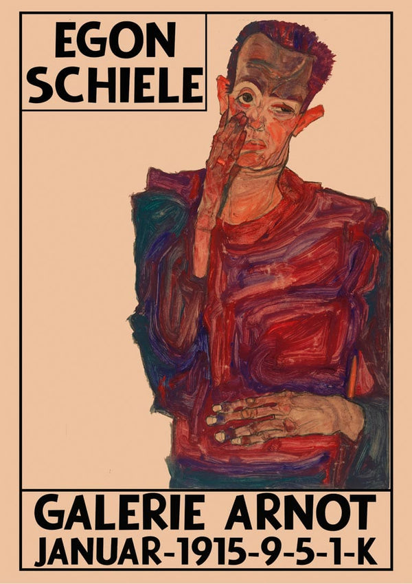 Poster of Egon Schiele’s artwork for Galerie Arnot, featuring a stylized portrait and exhibition details.