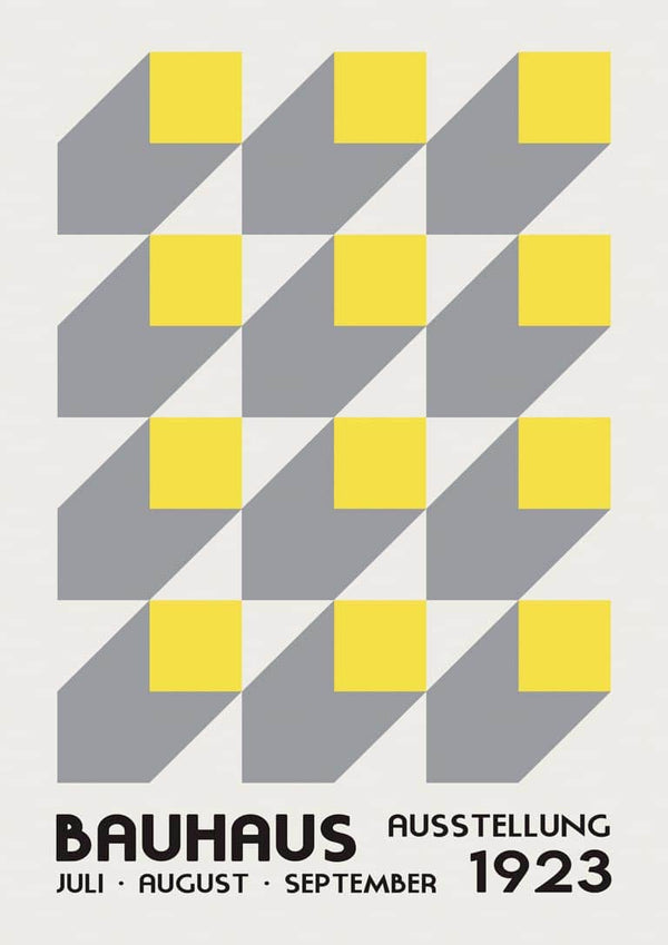 Bauhaus Ausstellung 1923 poster with yellow cubes and gray shadows, featuring bold black text at the bottom.
