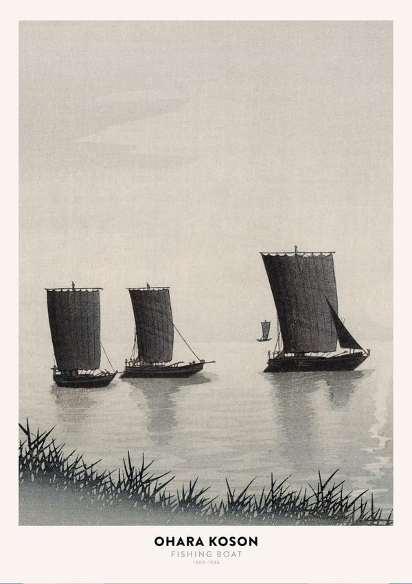 Three traditional fishing boats with tall sails on calm water, artwork by Ohara Koson called "Fishing Boat."