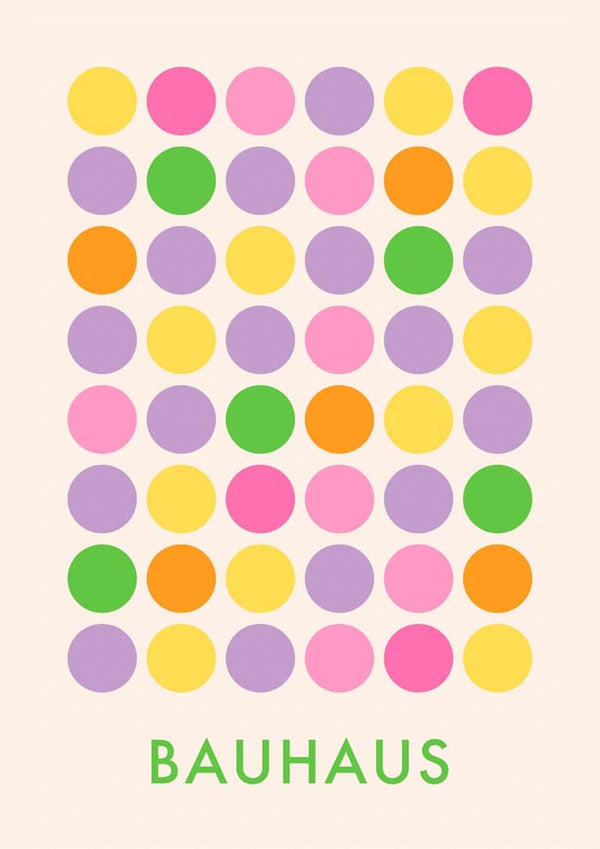 Poster with a grid of colorful dots in pastel shades and the word "BAUHAUS" in green at the bottom.