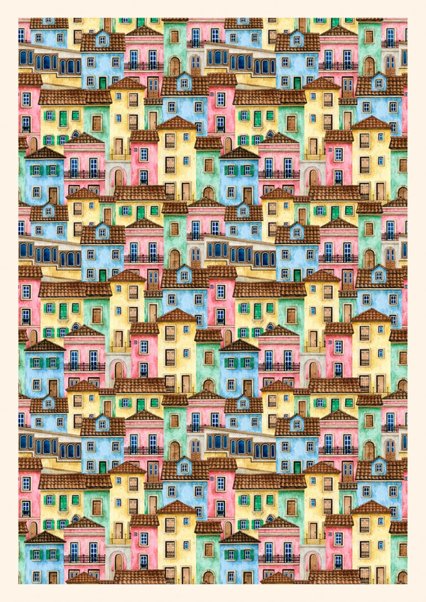 Poster of whimsical, colorful houses with varied windows and doors in pastel shades, arranged in a playful pattern.