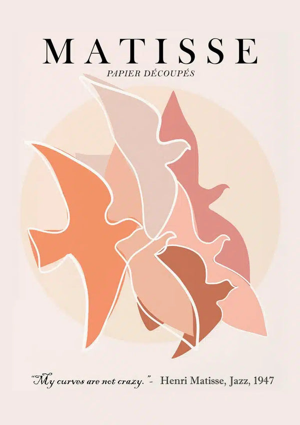 Abstract artwork of overlapping bird silhouettes in earthy tones, inspired by Matisse, with text and quote below.