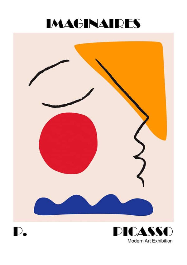 Abstract Picasso-inspired face with bold shapes and colors, Imaginaires Exhibition Plakat displayed on a product page.