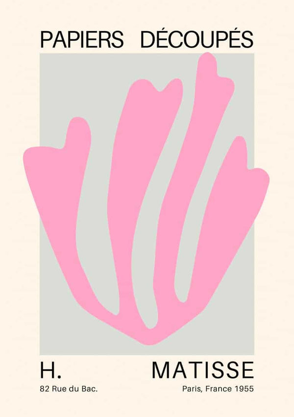 Abstract pink coral shape inspired by Matisse on a gray background with text "Papiers Découpés" and artist details.