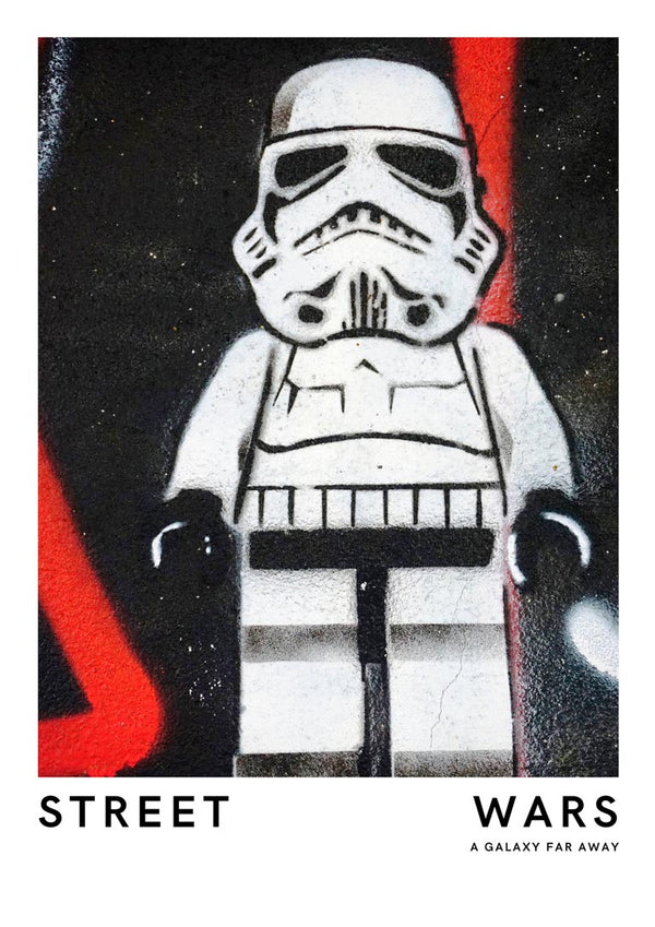 Poster of a LEGO-style trooper with "STREET WARS" text, graffiti art style on display.