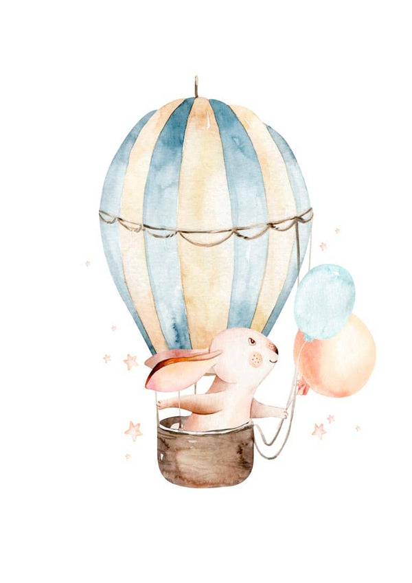 Illustration of a rabbit in a hot air balloon holding balloons, featured on the Kanin i luftballon Plakat.