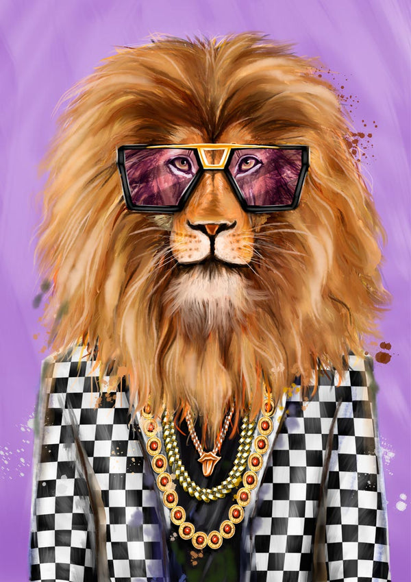 Stylish lion in checkered jacket, gold chains, and sunglasses on a purple background for Lion Dior Plakat.