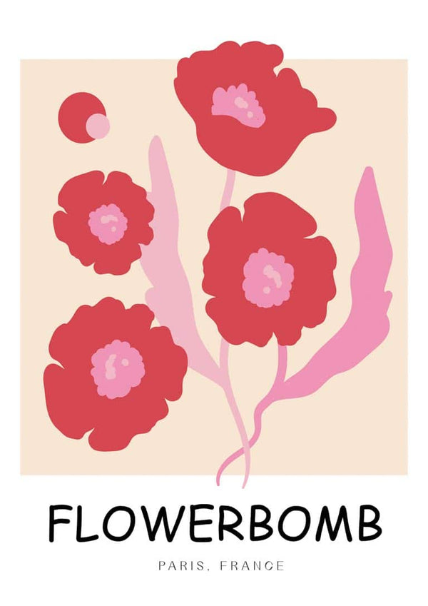 Red poppy-inspired flowers with pink leaves and "Flowerbomb Paris, France" text on a minimalist poster design.