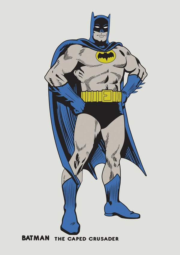 Retro Batman poster featuring classic comic-style Batman in blue and grey costume, hands on hips.