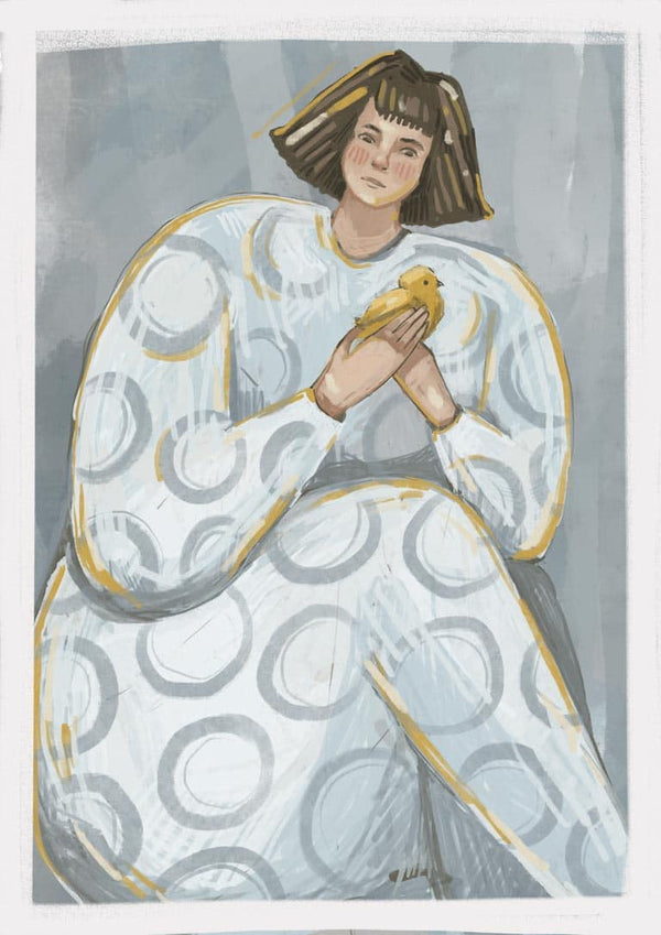 Illustration of a woman in a patterned dress gently holding a yellow bird, featured on the Endless Love poster.
