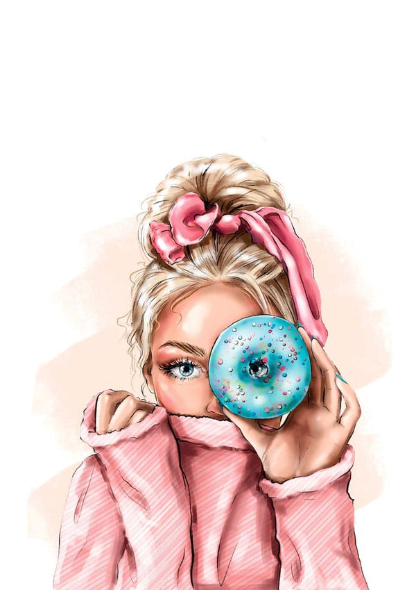 Illustration of a stylish woman in pink holding a blue donut up to her eye, perfect for Fashion Elegance Plakat.