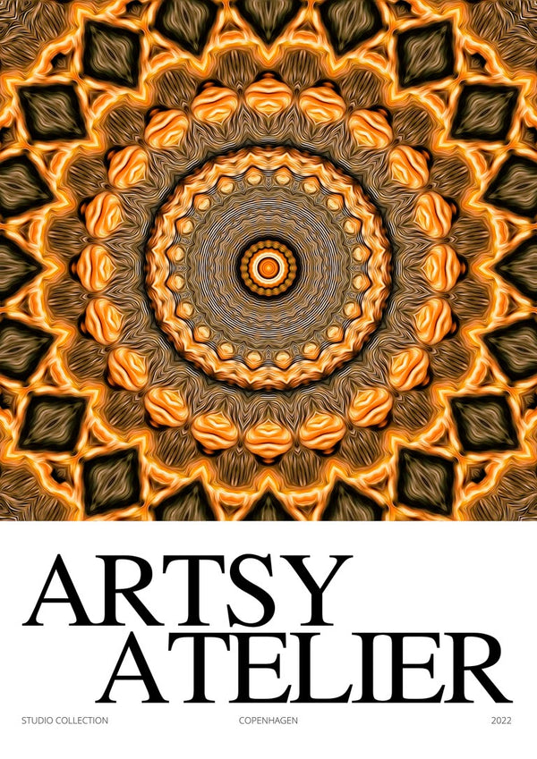 Mandala-inspired sunburst pattern with golden hues, featured on the Hypnotic Sun Plakat product page.