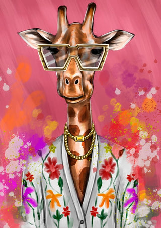Stylish giraffe in sunglasses and floral jacket on a pink background, Miami Vice Giraf Plakat product image.